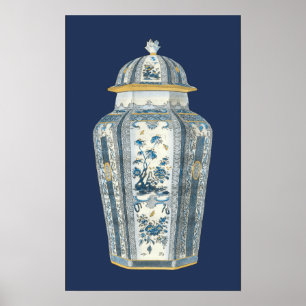Poster Urna Asiática Decorativa em Azul e Branco