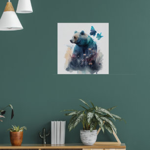 Poster Ursa Borboletas Natureza Aquarela Ilustração IA