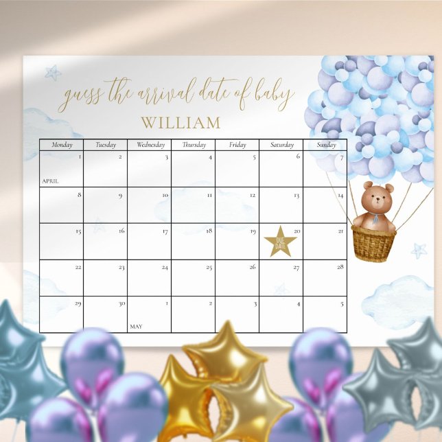 Poster Ursa de Estimar a Data de Nascimento Azul Chuvada  (Guess The Due Date Teddy Bear Blue Baby Shower Poster)