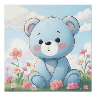 Póster Ursa de pelúcia azul fofa no jardim