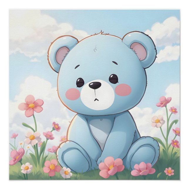 Póster Ursa de pelúcia azul fofa no jardim (Frente)