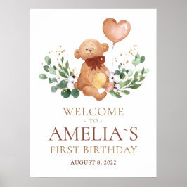 Poster Ursa de pelúcia com verde Olá Bebê Aniversário Pos