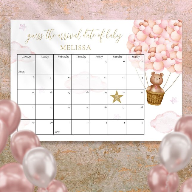 Poster Ursa de pelúcia rosa para adivinhar a data de nasc (Guess The Due Date Teddy Bear Pink Baby Shower Poster)