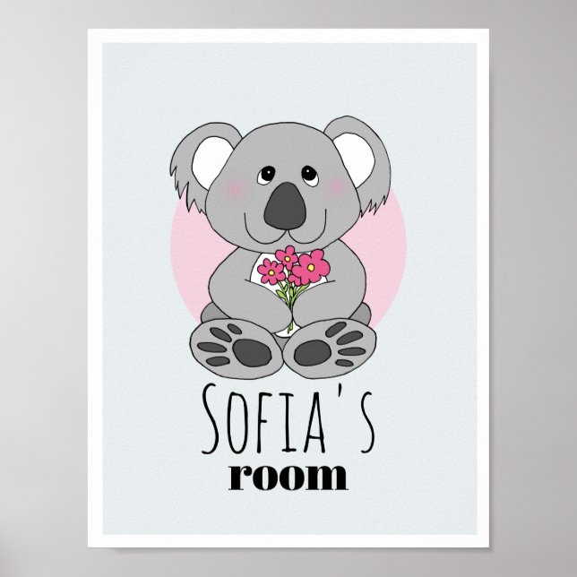 Poster Ursa Koala Cartoon Fofo Meninas & Nome Quarto Infa (Frente)