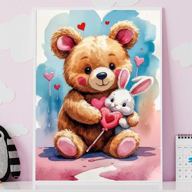 Poster Ursa Teddy Adorável Abraçando Coelho com Corações (Criador carregado)