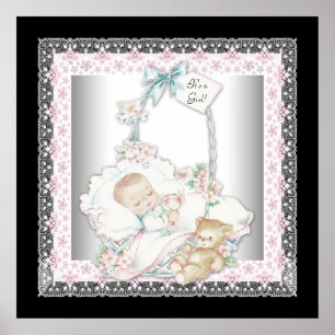 Poster Ursinho de pelúcia Vintage Baby Girl Rosa Bebê Men