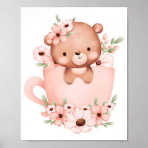 Poster Ursinho rosa e bonito numa xícara com flores