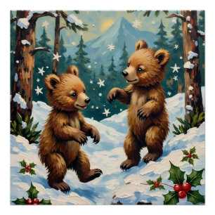 Póster Ursinhos Antigos Brincando no Natal Nevado