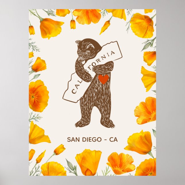 Poster Urso Abraçando Mapa da Califórnia Amarelas Persona (Frente)