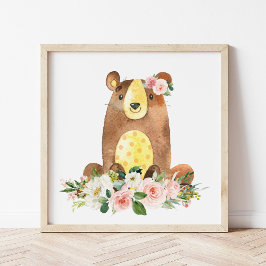 Poster Urso, Animais Da Floresta, Boho, Flores Rosa