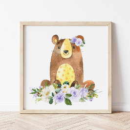 Poster Urso, Animais da Floresta, Boho, Flores Roxas