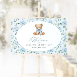 Poster Urso, Arco, Flores Azuis, Bem-vindo ao Primeiro An