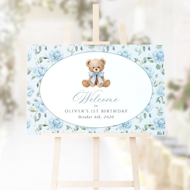 Poster Urso, Arco, Flores Azuis, Bem-vindo ao Primeiro An (Criador carregado)