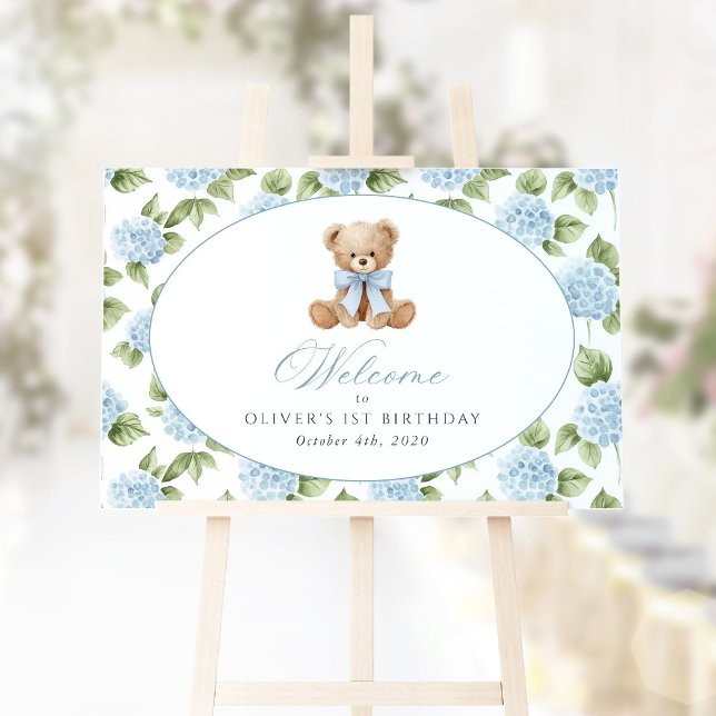 Poster Urso, Arco, Flores Azuis, Bem-vindo ao Primeiro An (Criador carregado)