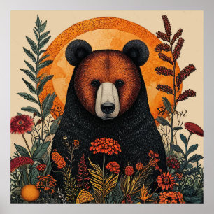 Poster Urso Artístico Entre Flores Botânicas Vibrantes