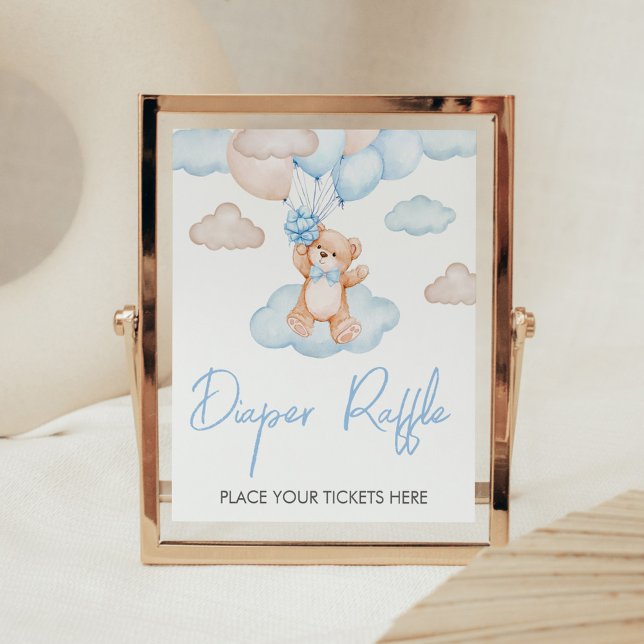 Poster Urso Azul Balão Baby Shower Sorteio de Fraldas (Blue Bear Balloon Baby Shower Diaper Raffle Sign)