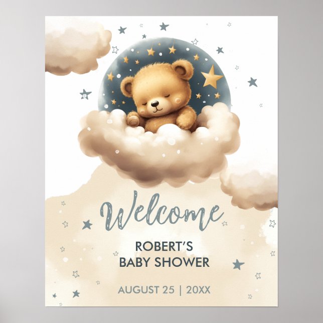 Poster Urso azul no chá de fraldas das nuvens (Frente)