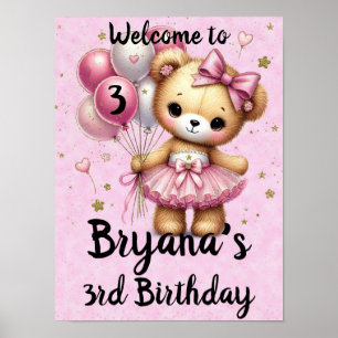 Poster Urso Bailarina Rosa Balão Glitter Aniversário Fest
