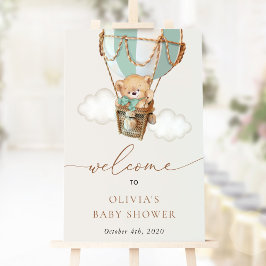 Poster Urso, Balão de Ar Quente Verde, Bem-vindo ao Chá d