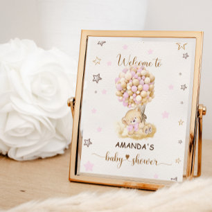 Poster Urso balões rosa baby shower Placa de boas-vindas
