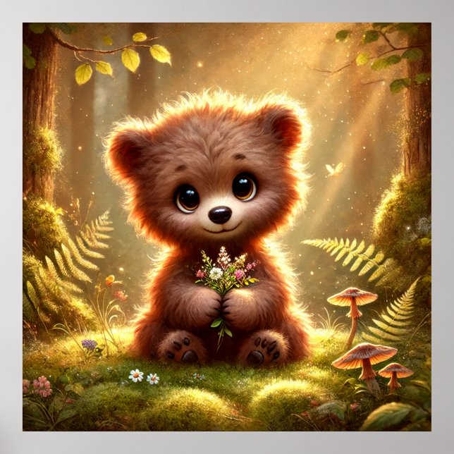 Poster Urso Bebê Bonito com Flores na Floresta Encantada  (Frente)