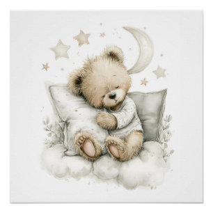 Póster Urso bebê doce dormindo profundamente em nuvens fo