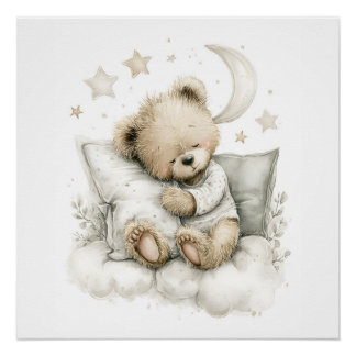 Póster Urso bebê doce dormindo profundamente em nuvens fo