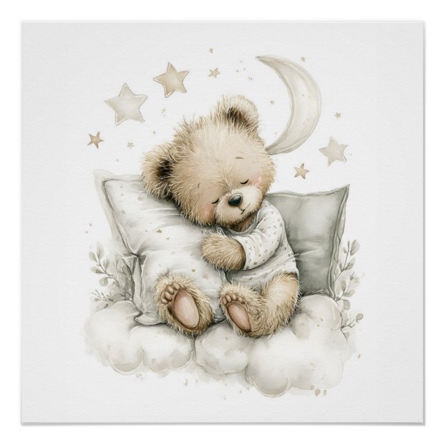 Póster Urso bebê doce dormindo profundamente em nuvens fo (Frente)
