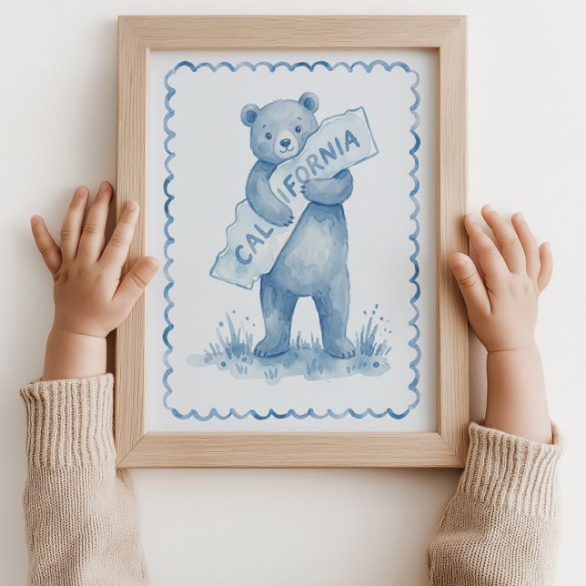 Poster Urso Cartaz de Arte de Parede Azul Mapa da Califór (Bear California Map Nursery Blue Wall Art Poster)