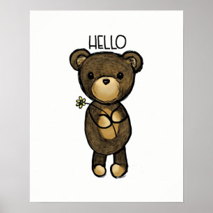 Póster Urso castanho-branco segurando uma flor amarela