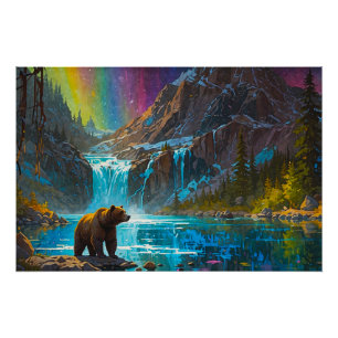 Póster Urso Cinza e Luzes de Norte