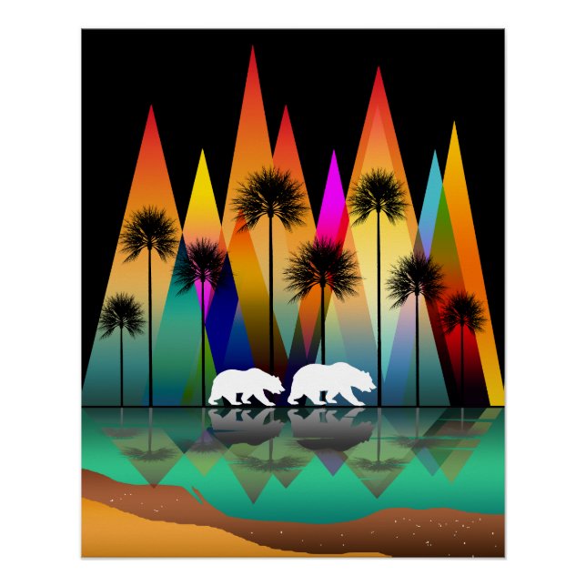 PÓSTER URSO COLORIDO PALMEIRAS MONTANHA OCEANO (Frente)