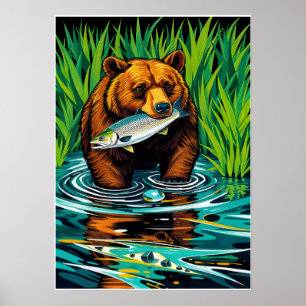 Poster Urso com Captura - Cena do Rio Caça-Caça-Salmão