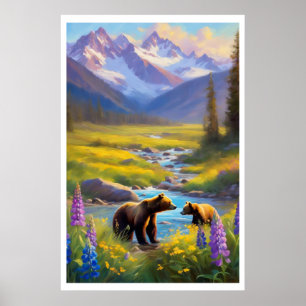 Poster Urso Cubo-Neve Montanha Prados Flores Selvagens