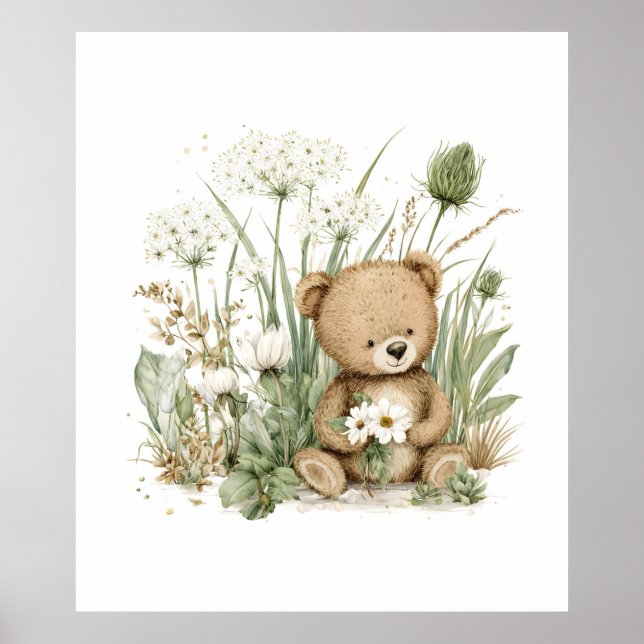 Poster Urso de Água-Forte Fofo com Flores Silvestres (Frente)