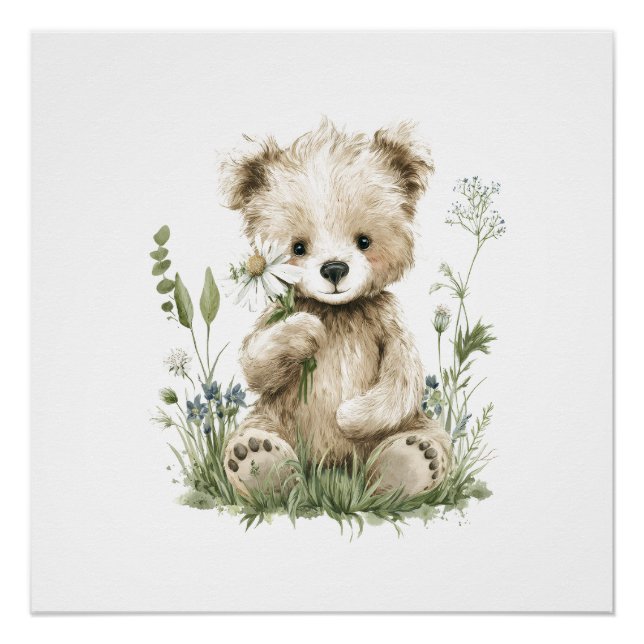 Póster Urso de Água-Forte Fofo com Flores Silvestres (Frente)
