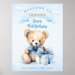 Poster Urso de Aguarela Encantador Beary Primeiro Anivers