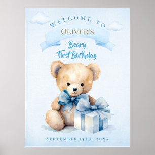 Poster Urso de Aguarela Encantador Beary Primeiro Anivers
