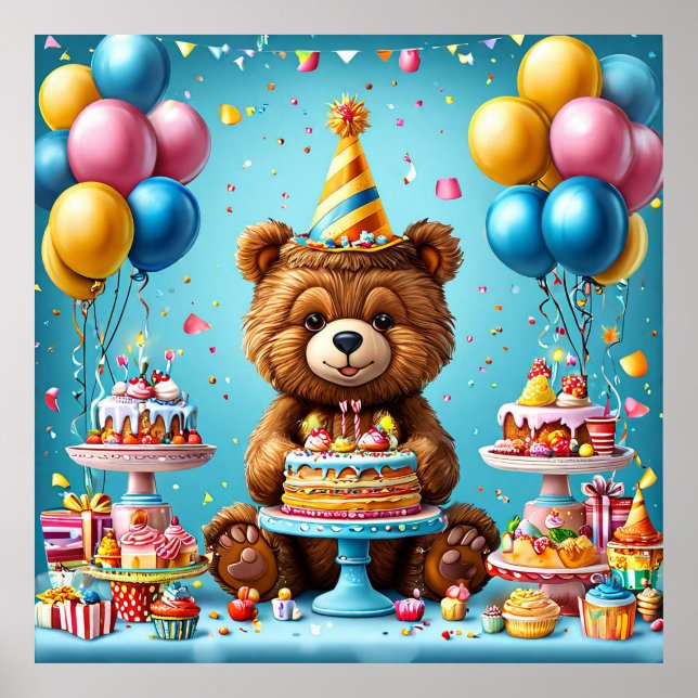Poster Urso de aniversário com bolo e balões (Frente)