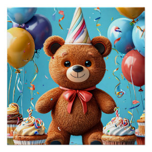 Póster Urso de aniversário com bolo e balões