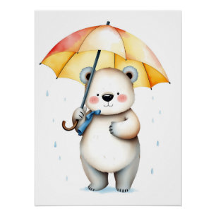 Póster Urso de Aquarela com Guarda-chuvas e Gotas de Rain