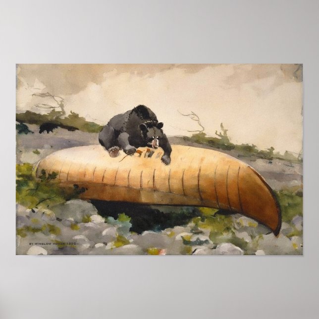 Poster Urso de Arte da Natureza Retroativa com uma Canoa (Frente)