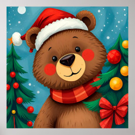 Poster Urso de Chapéu de Papai Noel Entre Árvores de Nata
