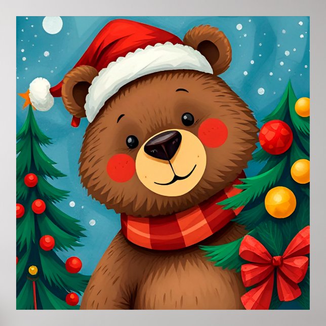 Poster Urso de Chapéu de Papai Noel Entre Árvores de Nata (Frente)