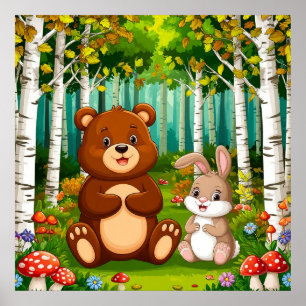 Poster Urso de desenho animado e coelho sentados em uma f