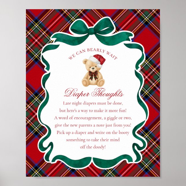Poster Urso de Fralda Vermelho Xadrez Natal Pensamentos (Frente)