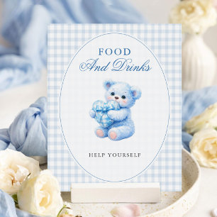 Poster Urso de Gingham Azul Churrasco de Bebê Neutro