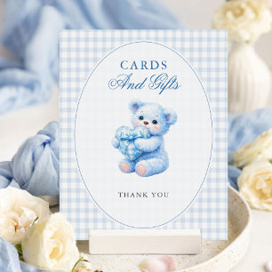 Poster Urso de Gingham Azul Churrasco de Bebê Neutro