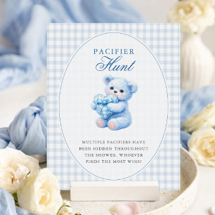 Poster Urso de Gingham Azul Churrasco de Bebê Neutro