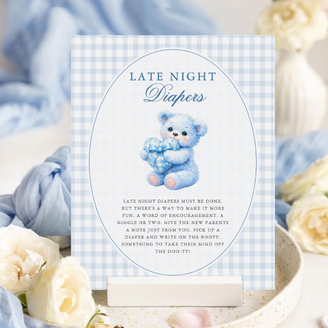 Poster Urso de Gingham Azul Churrasco de Bebê Neutro (Criador carregado)